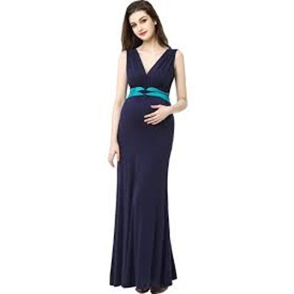 Kimi + Kai Dresses & Skirts - Kimi + Kai Maternity Colorblock  Belted V Neck Navy Teal Blue Maxi Dress M